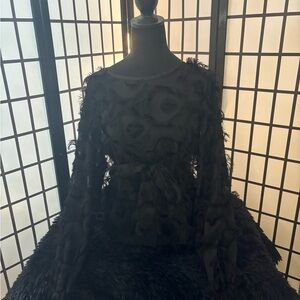 Black Textured Long-Sleeve Tie-Waist Blouse